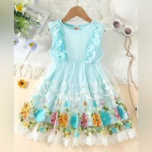 Toddler Girl Sleeveless Dress with Ruffled Trimmed Arms & Embroidered Bottom